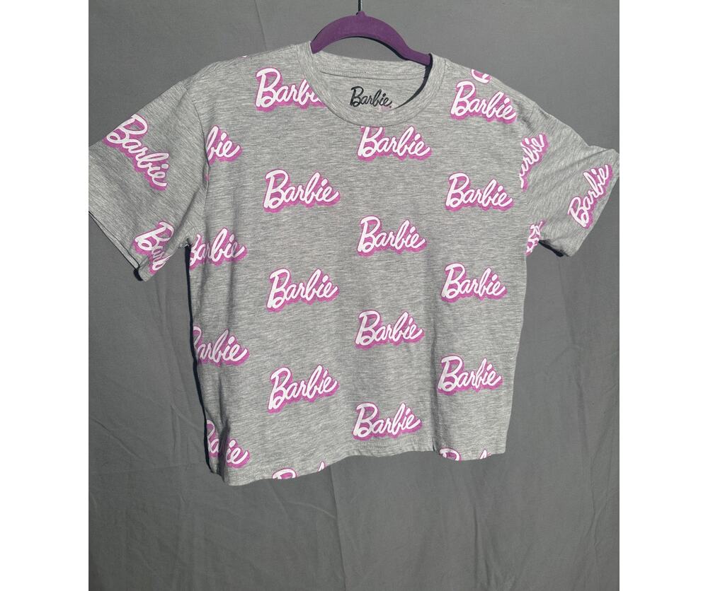 Barbie Womens XL Crop Top Gray Pink All Over Logo Graphic T Shirt Mattel